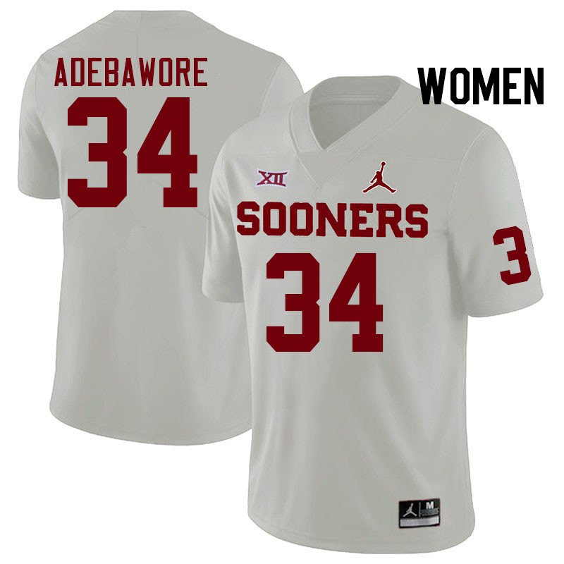 Women #34 Adepoju Adebawore Oklahoma Sooners College Football Jerseys Stitched-White